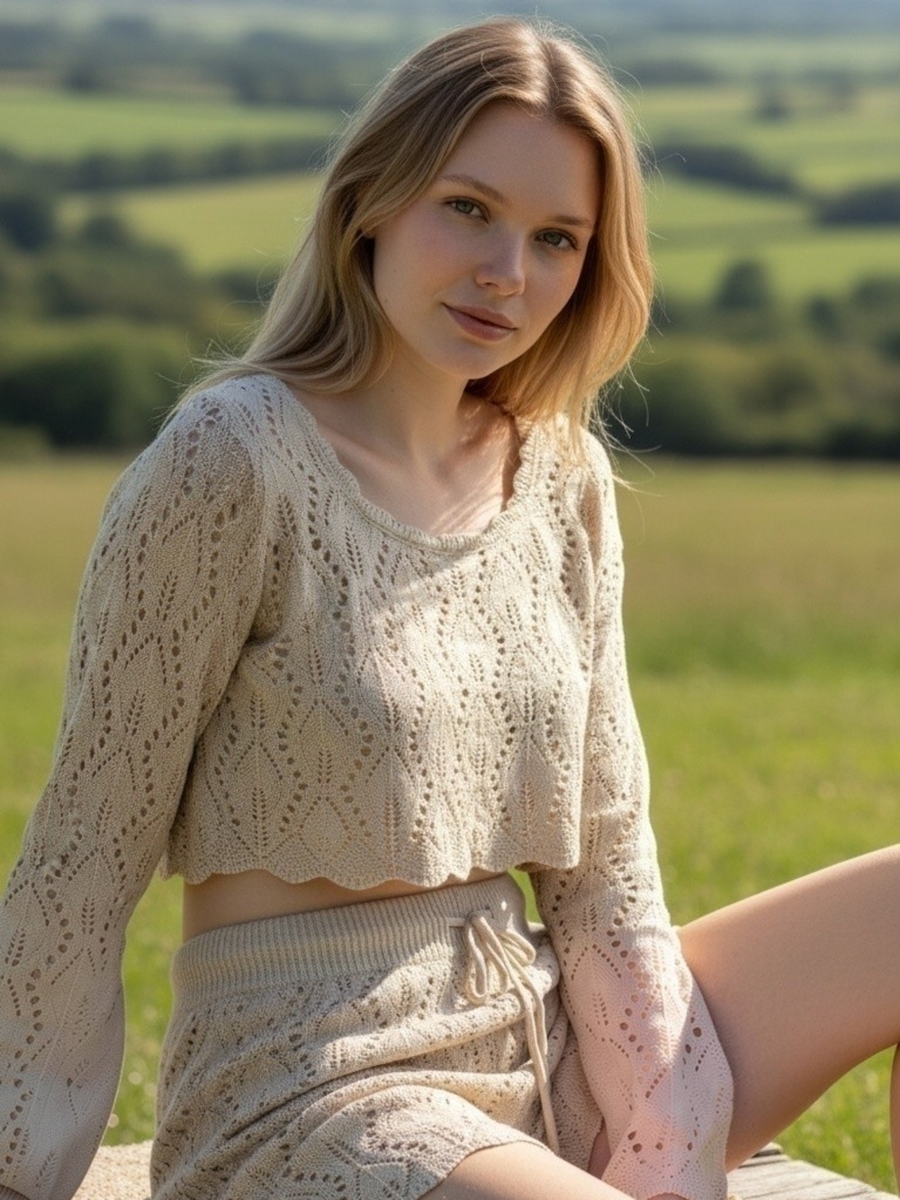 Almost Famous Boho Crochet Co-ord Set Tan Open Knit Crop Top Shorts Large